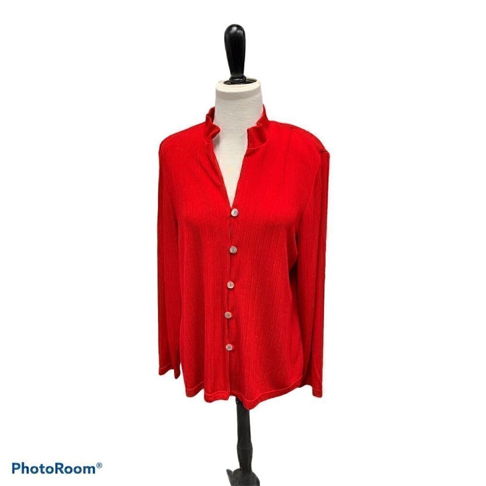 Coldwater Creek Large Button Up Blouse Vibrant Red Textured Lines Long Sleeves